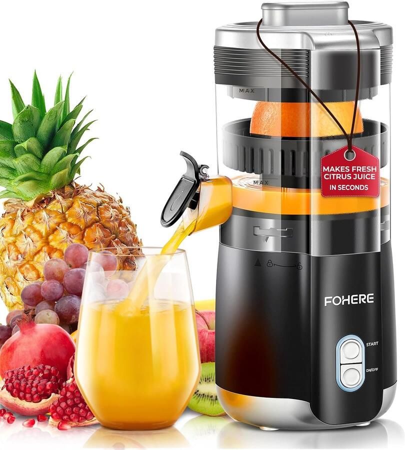 FOHERE Elektrische citruspers automatische sappers Elektrische Sinaasappelpers met 100 W Stille Motor BPA-vrij 2 Perskegels voor Citroen Appel Druiven en Granaatappels