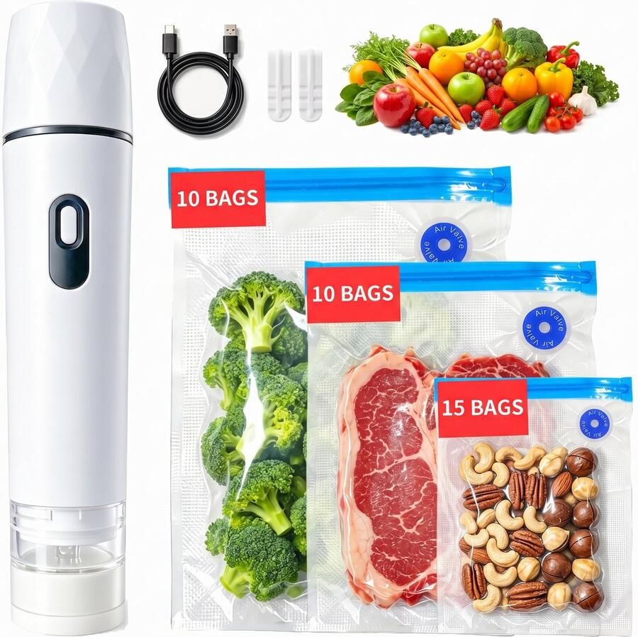 Fokelyi Draagbare Vacumeermachine Stick Vacuumpomp USB Oplaadbaar Compacte Vacumeermachine voor voedsel Incl 35 Herbruikbare Vacuümzakken
