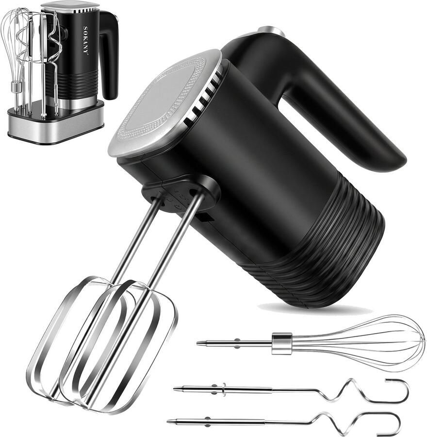 Fokelyi Handmixer 5 Snelheden en Turbofunctie Kloppers Met Deeghaken en Gardes – Inclusief Opbergbasis RVS 800W