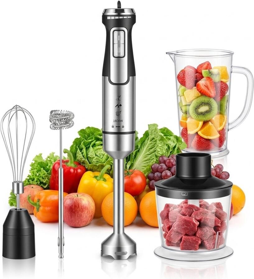Fokelyi Staafmixer 5-in-1 Set-1600W Mixer Met Maatbeker 800ml-Hakmolen En Garde-Vaatwasserbestendig-5 Snelheden-4 Messen-RVS-Zwart