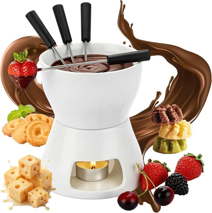 Fondue Pot Wit 400 ml Keramische Chocolade Fondue Set met 4 Vorken Voor Chocoladeliefhebbers