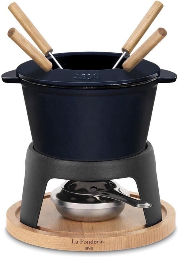 Fondueset van gietijzer voor 4 personen voor kaas en chocoladefondues spatdeksel 4 vorken met beukenhouten mouwen inhoud 1 2 l