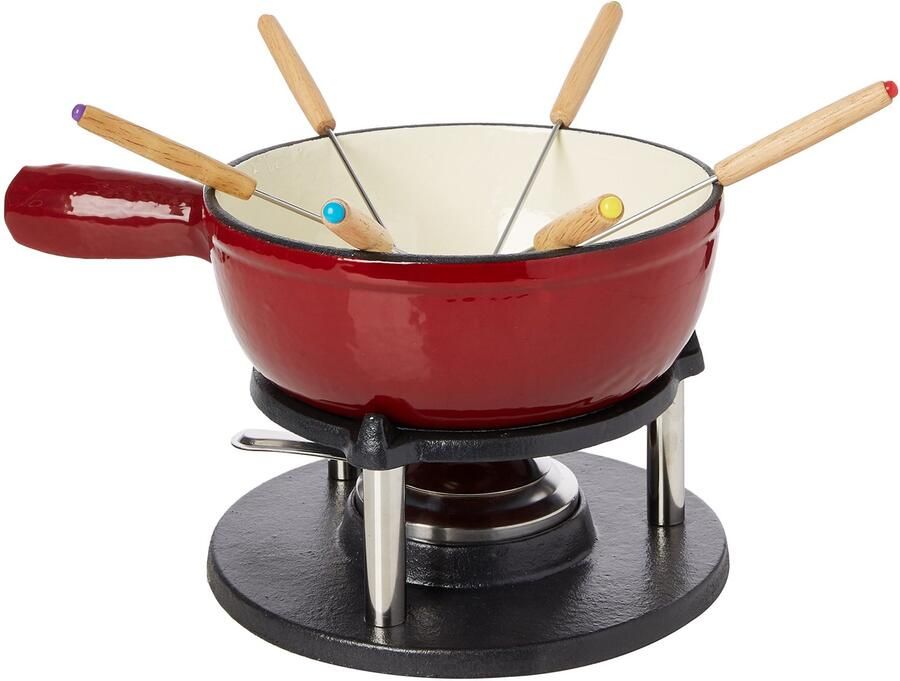 Fondueset voor 6 Personen – Gietijzeren Fonduepan – Geëmailleerd – Inclusief Brander en 6 Vorken – 20 cm – Rood
