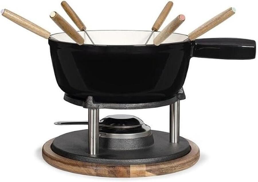 Fondueset voor 6 personen met gietijzeren pan en 6 vorken