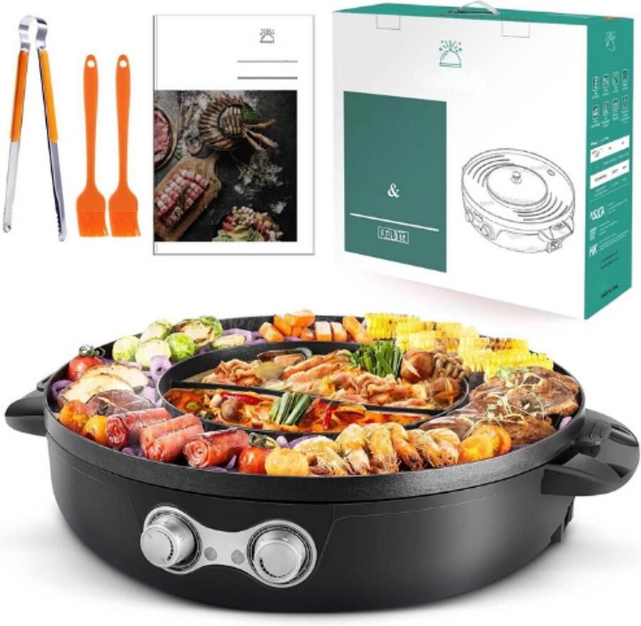 Food Party Hotpot Pan Koreaanse BBQ Grill Hot Pot Elektrisch 220V 2200W 2-in-1 Chinese Fondue binnengrill Elektrische rookloze barbecue Shabu pot voor 8 Personen