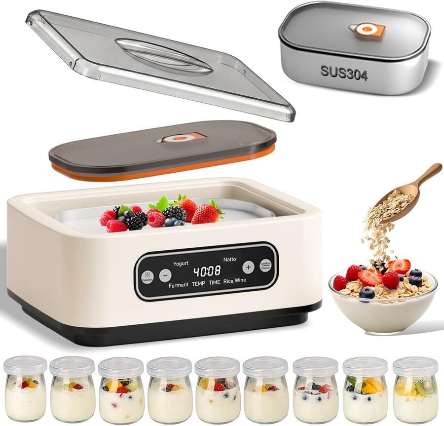 FOSMET Yoghurtmaker Automatische Yoghurtmachine Yoghurtautomaat 1.36 liter met 9 potten Met Timer en Instelbare Temperatuur OLED Display Voor zelfgemaakte yoghurt natto rijstwijn of andere gefermenteerde en Wit