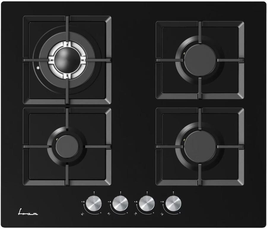 Fram Inbouw Gas Kookplaat – 4 Kookzones – 60 cm – Wokbrander – Elektrische Ontsteking – Vlambeveiliging – 5 Jaar Garantie – Zwart Glas