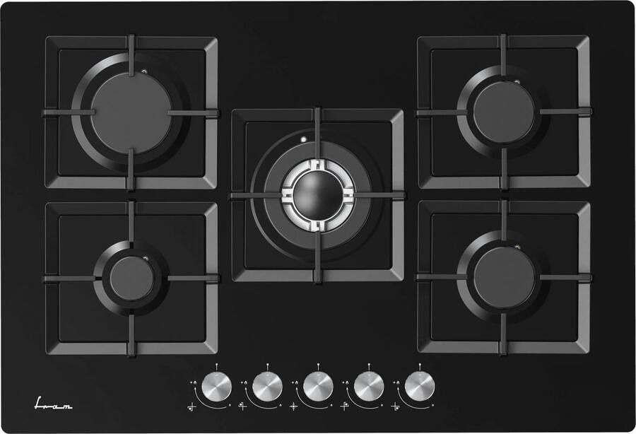 Fram FBH-M705IWF-GBK Inbouw Gaskookplaat – 75 cm – 5 Branders – Wok – Elektronische Ontsteking – Vlambeveiliging – 5 Jaar Garantie – Zwart Glas