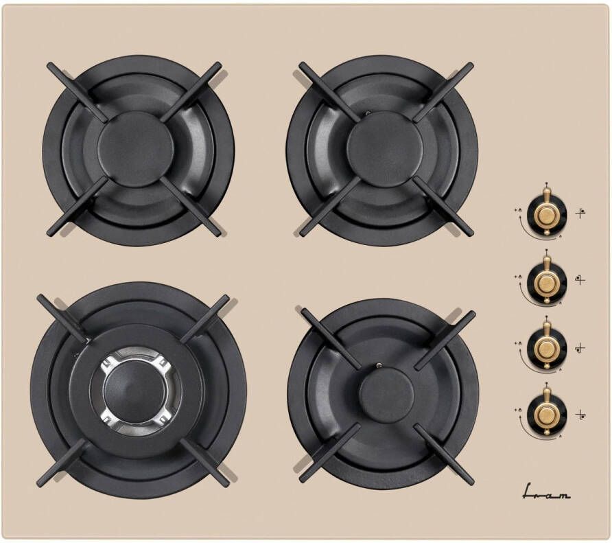Fram FBH-V4IWF-RGBG Inbouw Gas Kookplaat – 4 Branders – 65 cm – Wokbrander – Elektrische Ontsteking – Vlambeveiliging – Retro Design – 5 Jaar Garantie – Crème Glas