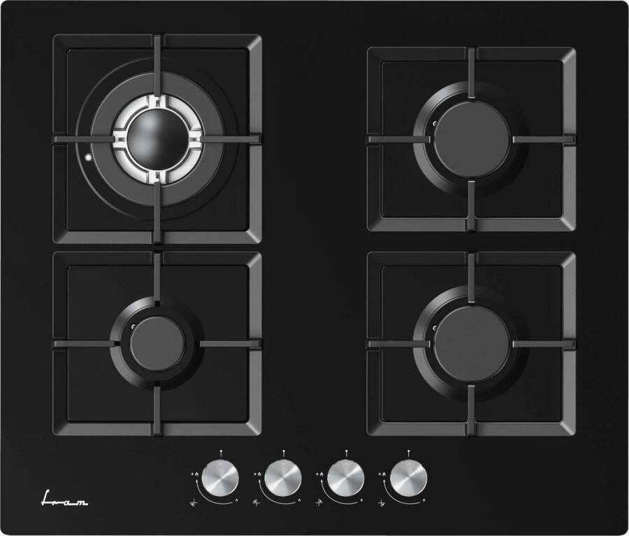 Fram FBH-M4IWF-GBK Inbouw Gaskookplaat – 60 cm – 4 Branders – Wok – Elektronische Ontsteking – 5 Jaar Garantie – Zwart Glas