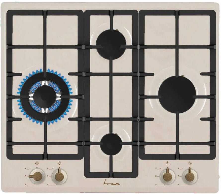 Fram FBH-S4IWF-RBG Inbouw Gaskookplaat 60 cm – 4 Branders – Wok – Elektronische Ontsteking – Veiligheidsbeveiliging – Retro Stijl – Beige