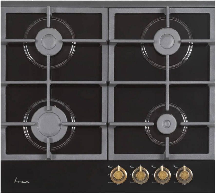 Fram FBH-S4IWF-GRBK Inbouw Gaskookplaat – 60 cm – 4 Branders – Wokbrander – Elektronische Ontsteking – Retro Stijl – 5 Jaar Garantie – Zwart Glas