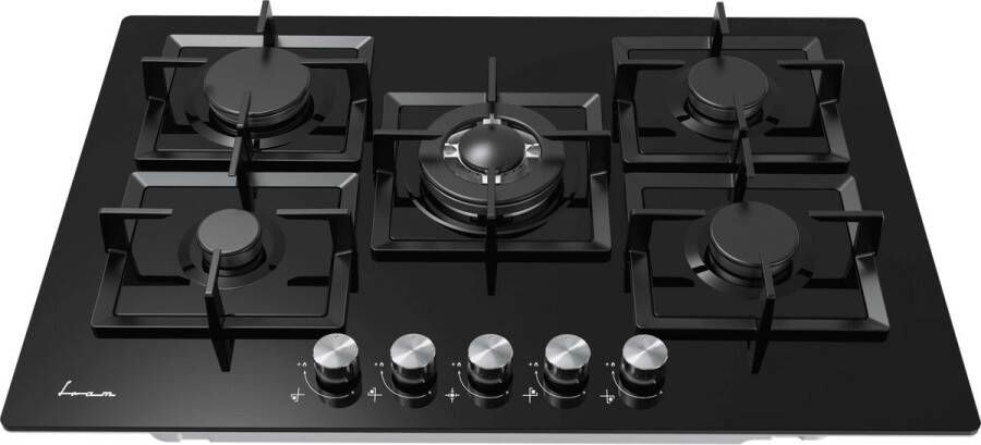 Fram FBH-M705IWF-GBK Inbouw Gaskookplaat – 75 cm – 5 Branders – Wok – Elektronische Ontsteking – Vlambeveiliging – 5 Jaar Garantie – Zwart Glas - Foto 2