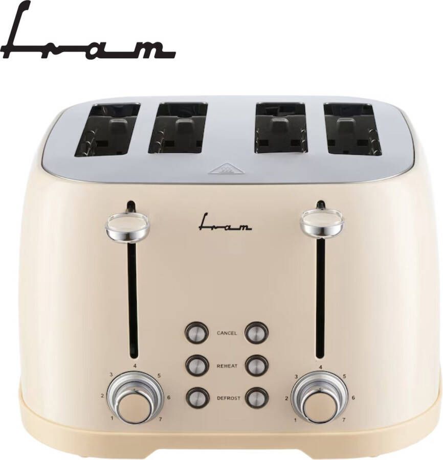 Fram Retro Broodrooster met 4 Extra brede Sleuven 7 Bruiningniveaus en Ontdooifunctie 1600W Crème