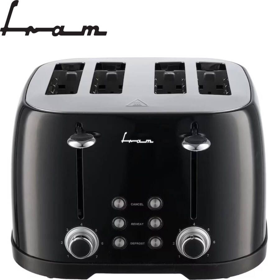 Fram Retro Broodrooster met 4 Extra brede Sleuven 7 Bruiningniveaus en Ontdooifunctie 1600W Zwart
