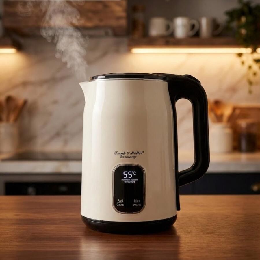 Frank & Müller Frank & Muller Elektrische Waterkoker RVS 2.0 Liter – Beige Waterkoker met Temperatuurregeling & Display – Roestvrijstalen Waterkoker – 360° Draaibaar – Droogkookbeveiliging – Warmhoudfunctie – Luxe Design Keukenapparaat