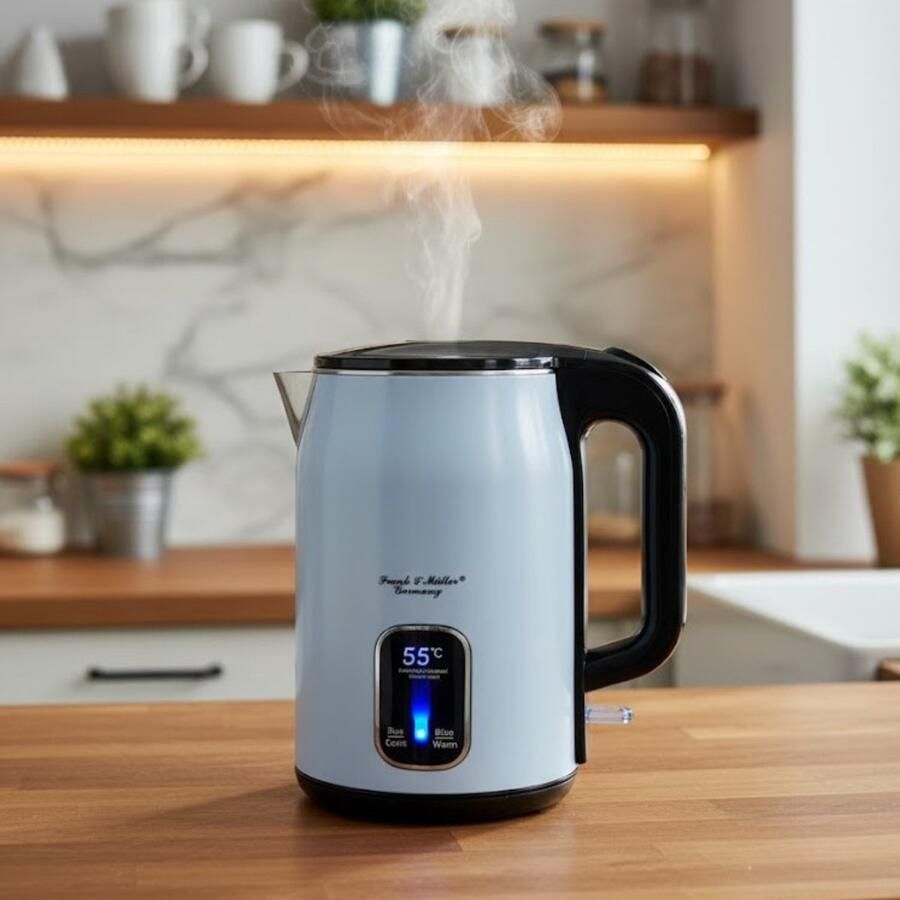 Frank & Müller Frank & Muller Elektrische Waterkoker RVS 2.0 Liter – Witte Waterkoker met Temperatuurregeling & Display – Roestvrijstalen Waterkoker – 360° Draaibaar – Droogkookbeveiliging – Warmhoudfunctie – Luxe Design Keukenapparaat