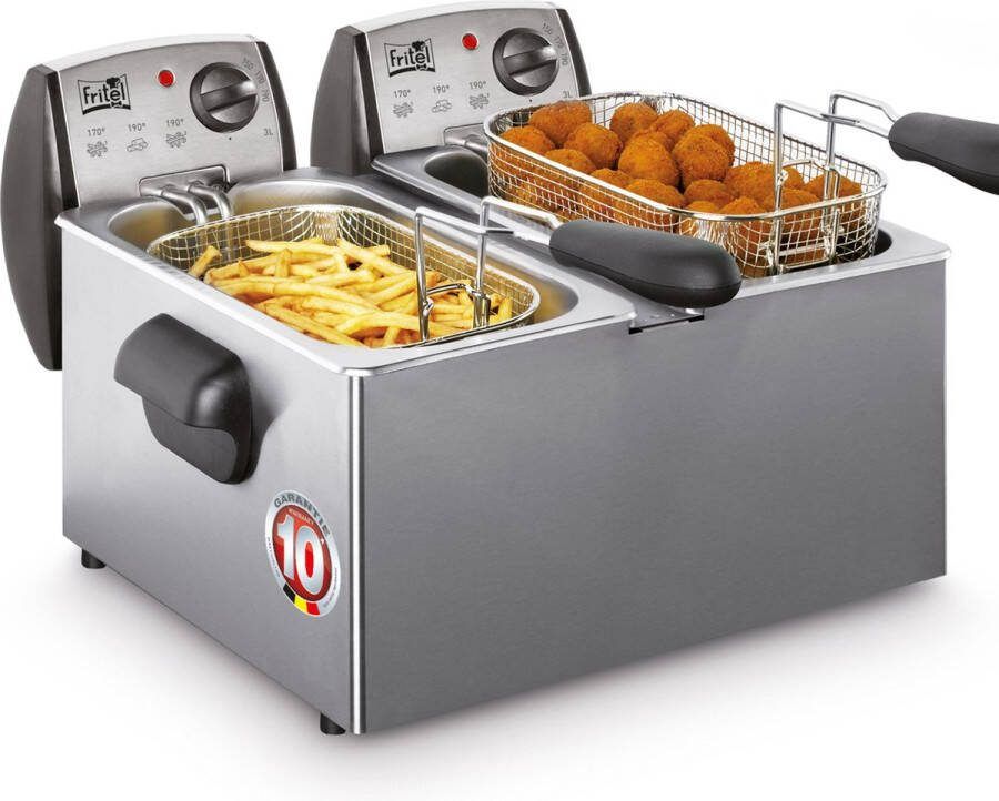 Fritel Dubbele Frituurpan FR 1850 Duo Frietketel met Antistofdeksel Friteuse Koude Zone 2-8 Pers. Frituurketel Dubbel 2x 2200W 2x 3L