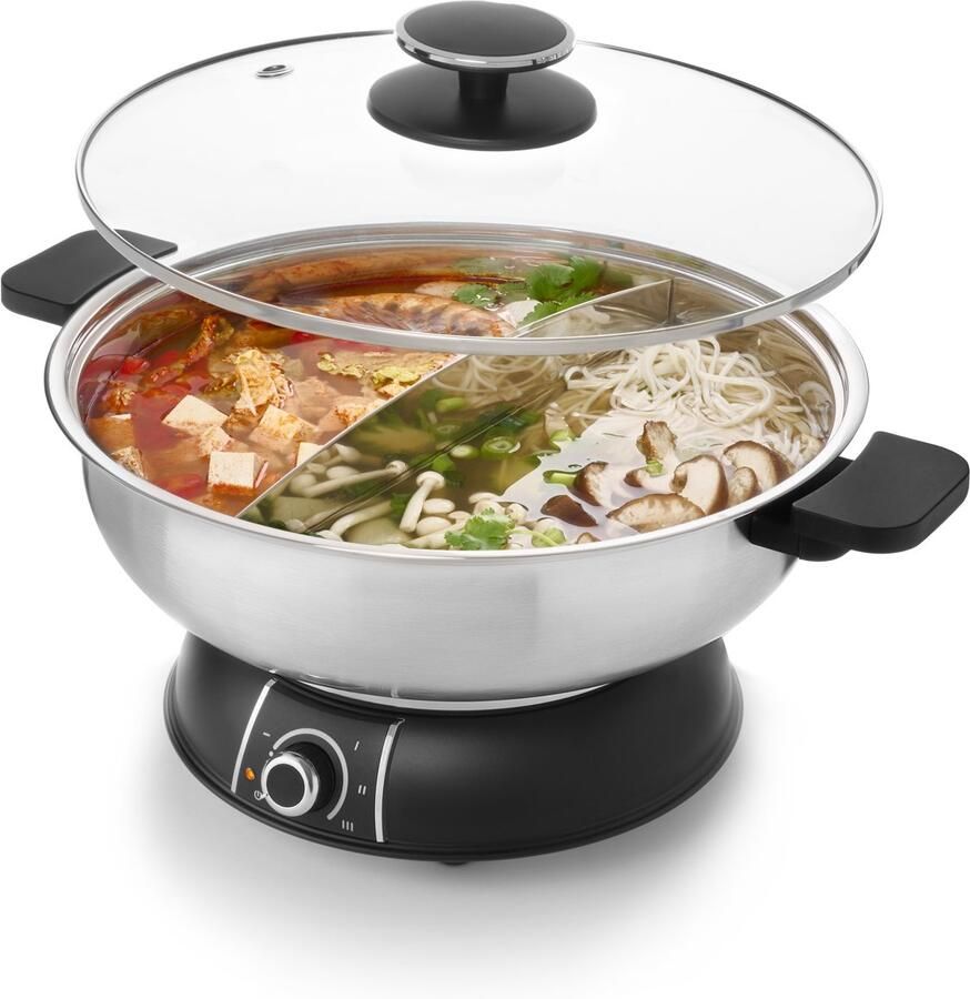 Fritel Hot Pot Fonduepan – HP 2970 – Elektrische Fondue met Gescheiden Kom – Voor Vis Vlees Soep & Dessert – 1600W – Inox Zwart