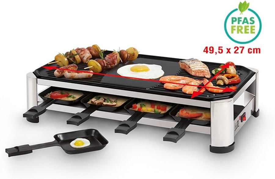 Fritel Raclette Grill RG 2170 Elektrische tafelgrill Gourmetstel Teppanyaki 1500W 49 5x27cm 2 tot 8 Pers. PFAS-vrij + 8 Raclettepannetjes & Spatels - Foto 2