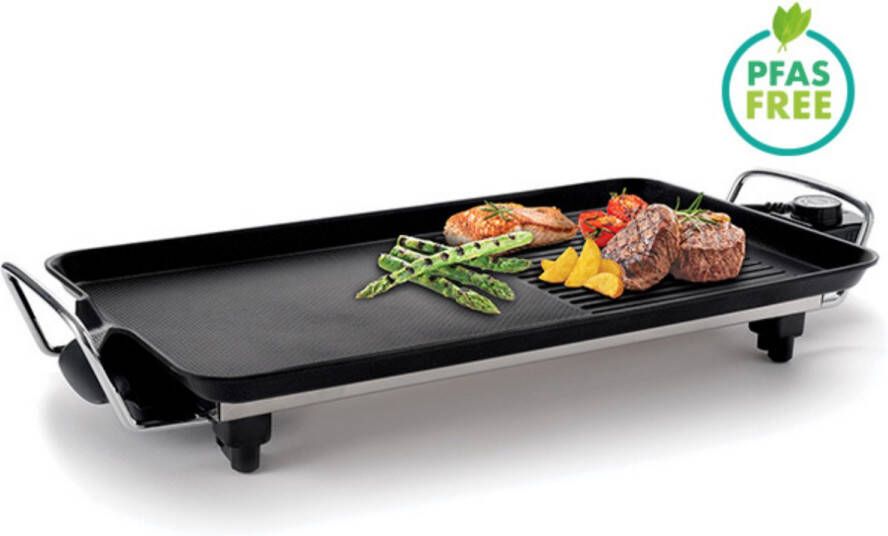 Fritel GT 1375 Grill & Teppanyaki barbecueplaat Cool touch handgrepen Grilrooster Teppanyaki grill 48x20 cm Aluminium bakplaat Antiaanbak Zwart Zilver