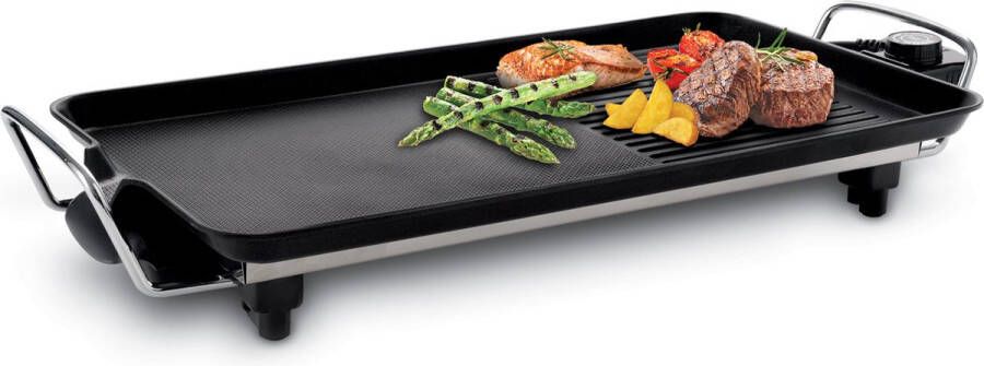 Fritel GT 1375 Grill & Teppanyaki barbecueplaat Cool touch handgrepen Grilrooster Teppanyaki grill 48x20 cm Aluminium bakplaat Antiaanbak Zwart Zilver