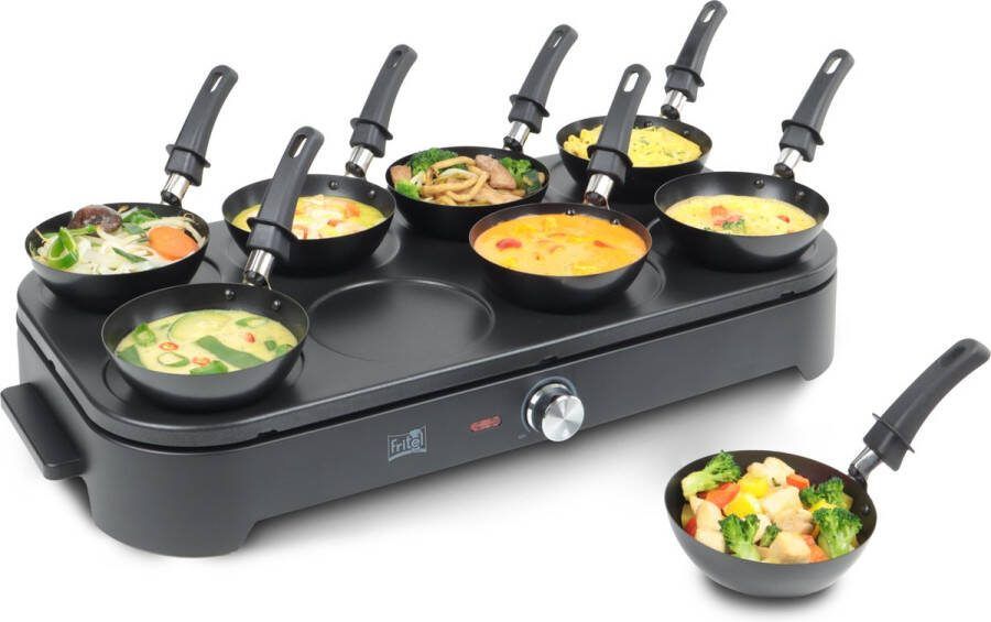 Fritel Gourmet Wok Pancake GWP 2560 Wokset Pannenkoekenmaker Party set 1500W 8x15 cm- 1 tot 8 Pers. + 8 Wokpannetjes & Spatels PFAS-vrij