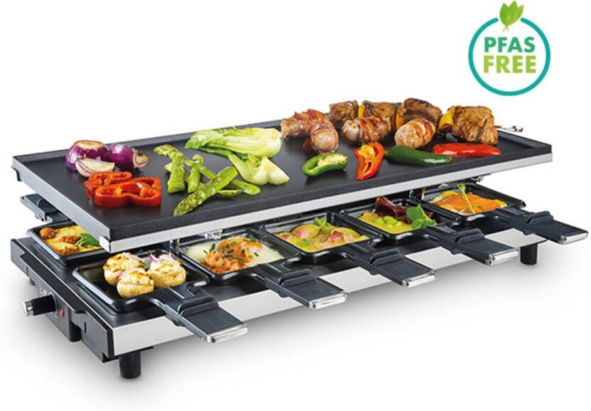 Fritel Raclette Grill RG 4180 Gourmetstel Tafelgrill Kerst Omkeerbare Bakplaat 1700W 48 5 x 24 cm 2 to 10 Pers.- PFAS vrij + 10 Raclettepannetjes & Spatels