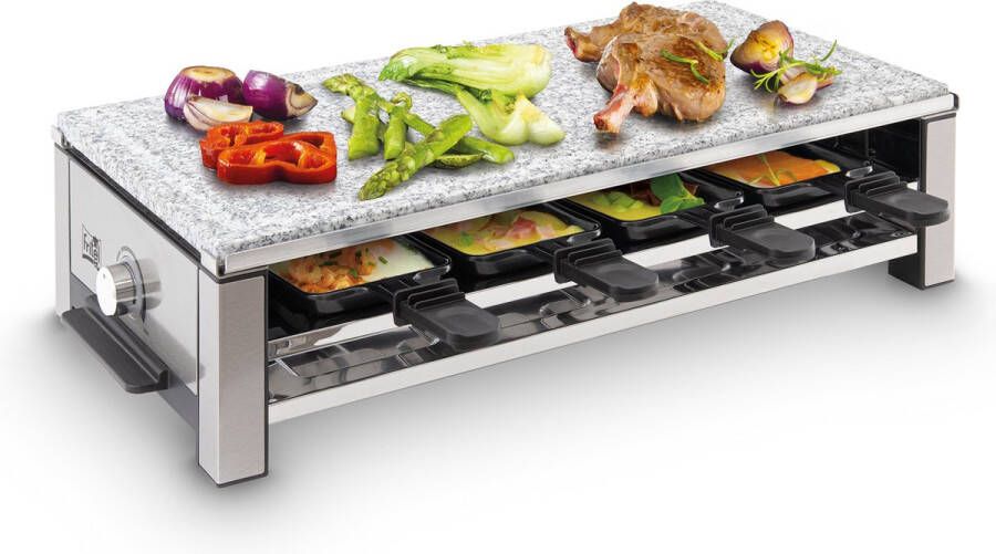 Fritel Steen Raclette Grill SG 5190 Steengrill Gourmet Kerst Natuursteen 1500W 1 tot 8 Pers. + 8 Raclettepannetjes & Spatels