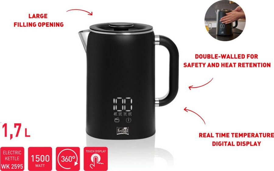 Fritel WK 2595 Waterkoker 1 7 liter- Heetwaterkoker Waterverwarmer Touch display Antislipvoet Keep-Warm functie 1500W Zwart mat