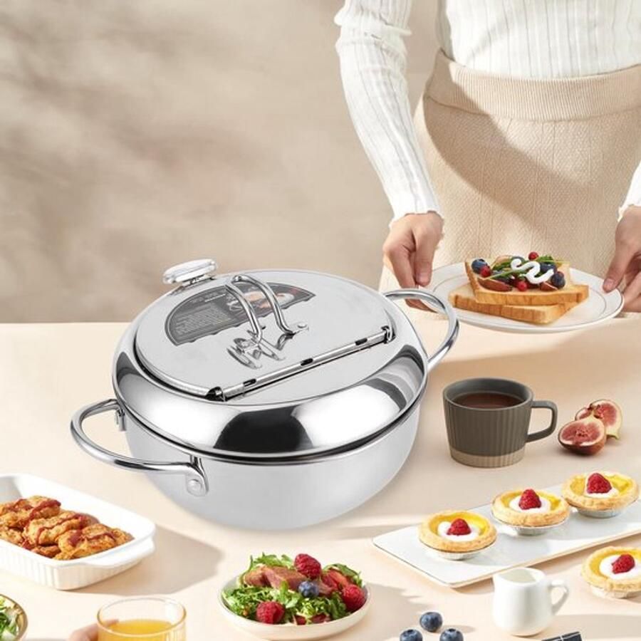 Friteuse Pan Friteuse Frituurpan Japanse stijl Mini roestvrijstalen Tempura-friteuse met thermometer deksel en oliedruppel afdruiprek voor keuken Frieten vis en knapperig vlees(L 24cm 9.45'')