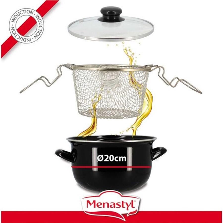 Frituurpan 20 cm in zwart geëmailleerd staal en chromen rand Geleverd met deksel en mand voor heerlijke huisgemaakte frietjes 3645579