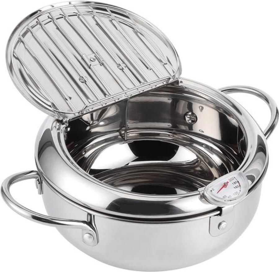 Frituurpan Japanse Koekenpan met Thermometer 304 Roestvrijstalen Friteuse met Olieafvoerrek voor Tempura-chips Friet Vis en Kip (Kleine 20cm)