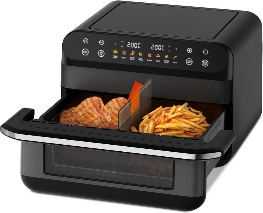 Fukstern Airfryer 10 Liter Heteluchtfriteuse tot 200°C PFAS Vrij 8 Automatische Programma s Touchscreen Bedieningspaneel Zwart