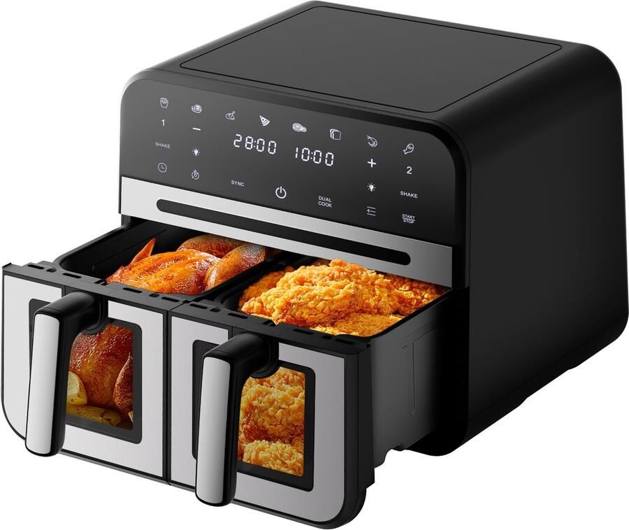 Fukstern Dubbele Airfryer XXL 10L (2×5L) – Grote Capaciteit voor 6 Personen – 2500W Krachtig Vermogen – Dual-Zone 2 Manden met SYNC Technologie – Gezond Frituren Zonder Olie – Met Kijkvenster – 8 Automatische Programma s – Zilver - Foto 3