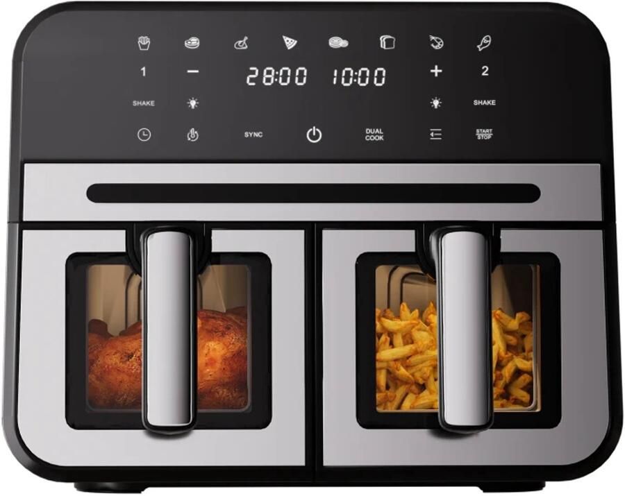 Fukstern Airfryer Pro SYNC Technologie voor perfecte maaltijden 2x 5L Manden 2500W 8 Programma's Zilver