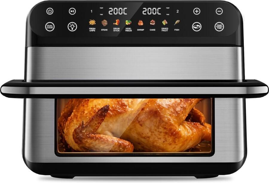 Fukstern Airfryer XXL 11L – Grote Airfryer met Flexibele Basket Uitneembare Scheidingswand & Kijkvenster – Touchscreen – Onafhankelijke Temperatuurregeling – 2600W – 8 Programma's – PFAS-vrije Metalen Anti-aanbakmand – Zilver - Foto 2