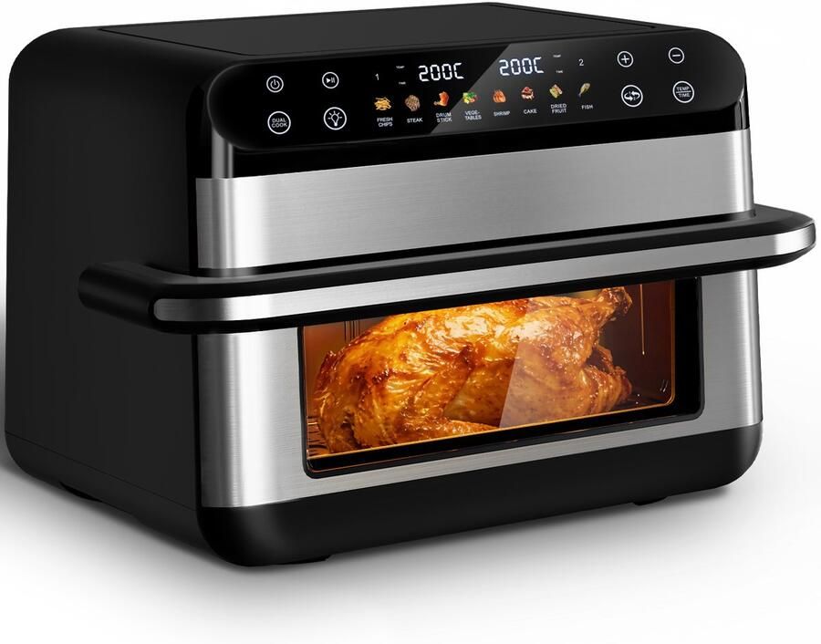Fukstern Airfryer XXL 11L – Grote Airfryer met Flexibele Basket Uitneembare Scheidingswand & Kijkvenster – Touchscreen – Onafhankelijke Temperatuurregeling – 2600W – 8 Programma's – PFAS-vrije Metalen Anti-aanbakmand – Zilver