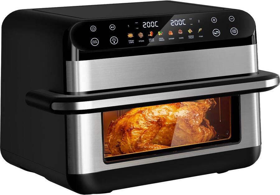 Fukstern Airfryer XXL 11L – Grote Airfryer met Flexibele Basket Uitneembare Scheidingswand & Kijkvenster – Touchscreen – Onafhankelijke Temperatuurregeling – 2600W – 8 Programma's – PFAS-vrije Metalen Anti-aanbakmand – Zilver