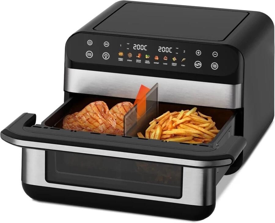 Fukstern Airfryer XXL–Dubbele Mand–10L 2500W–30°C tot 200°C Instelbaar–8 Voorgeprogrammeerde Functies–Zilver