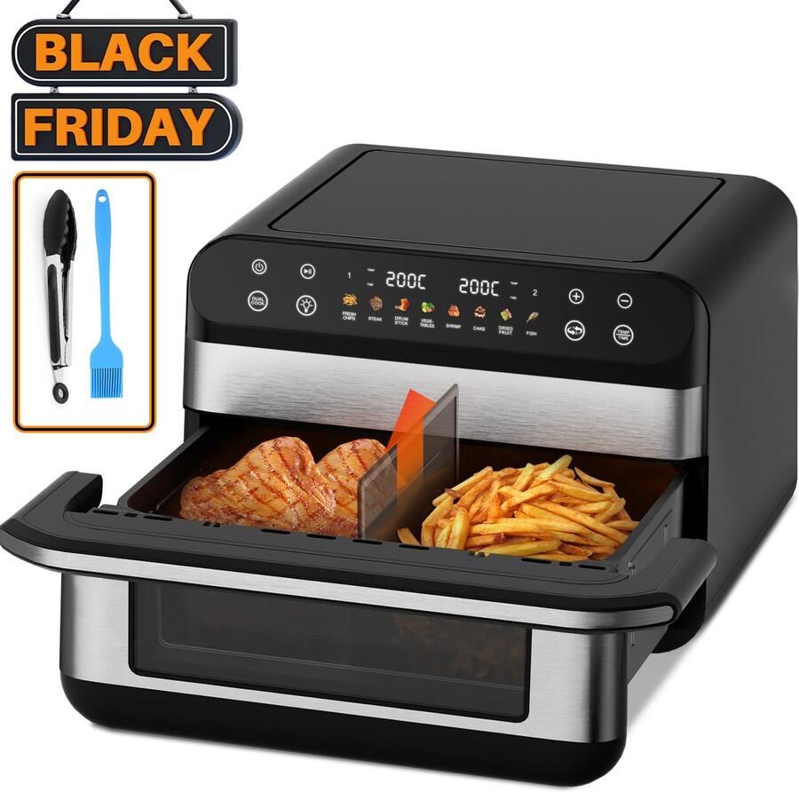 Fukstern Dubbele Airfryer XXL–10L 2500W–Tot 6 Personen-Dubbele Mand–30°C tot 200°C Instelbaar–8 Voorgeprogrammeerde Functies–Zilver