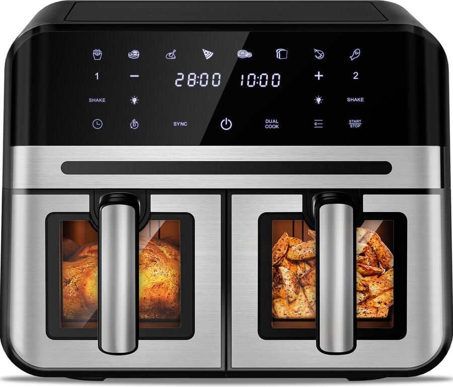 Fukstern Dubbele Airfryer XXL 10L (2×5L) – Grote Capaciteit voor 6 Personen – 2500W Krachtig Vermogen – Dual-Zone 2 Manden met SYNC Technologie – Gezond Frituren Zonder Olie – Met Kijkvenster – 8 Automatische Programma s – Zilver