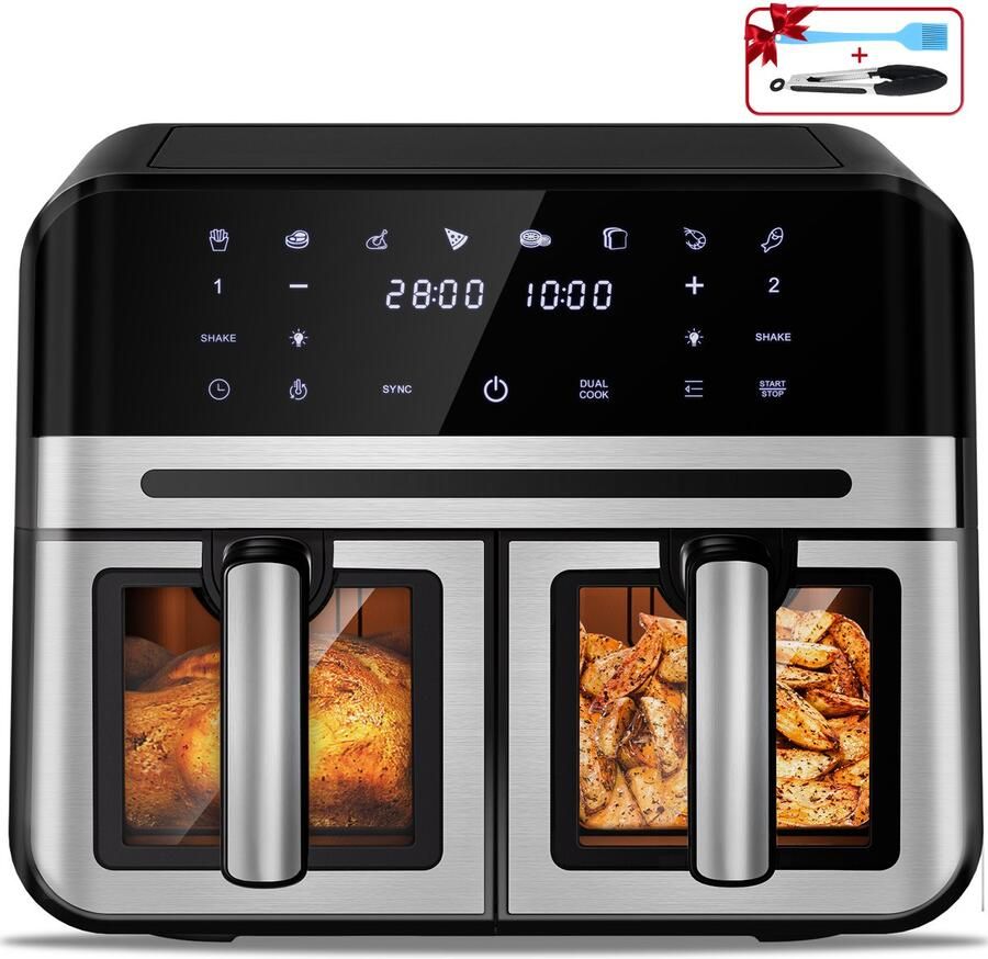 Fukstern Dubbele Airfryer XXL 10L (2×5L) – 8 Automatische Programma s – Grote Capaciteit voor 6 Personen – 2500W Krachtig Vermogen – Dual-Zone 2 Manden met SYNC Technologie – Gezond Frituren Zonder Olie – Met Kijkvenster – Zilver