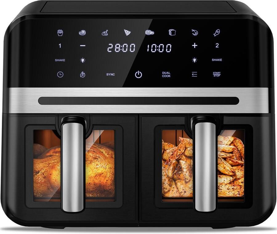 Fukstern Dubbele Airfryer XXL 10L (2×5L) – 8 Automatische Programma s – Grote Capaciteit voor 6 Personen – 2500W Krachtig Vermogen – Dual-Zone 2 Manden met SYNC Technologie – Gezond Frituren Zonder Olie – Met Kijkvenster – Zwart