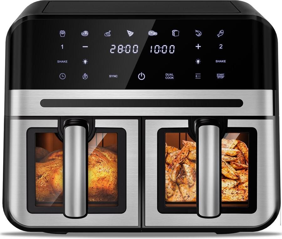 Fukstern Dubbele Airfryer XXL 10L (2×5L) – 8 Automatische Programma s – Grote Capaciteit voor 6 Personen – 2500W Krachtig Vermogen – Dual-Zone 2 Manden met SYNC Technologie – Gezond Frituren Zonder Olie – Met Kijkvenster – Zilver - Foto 2