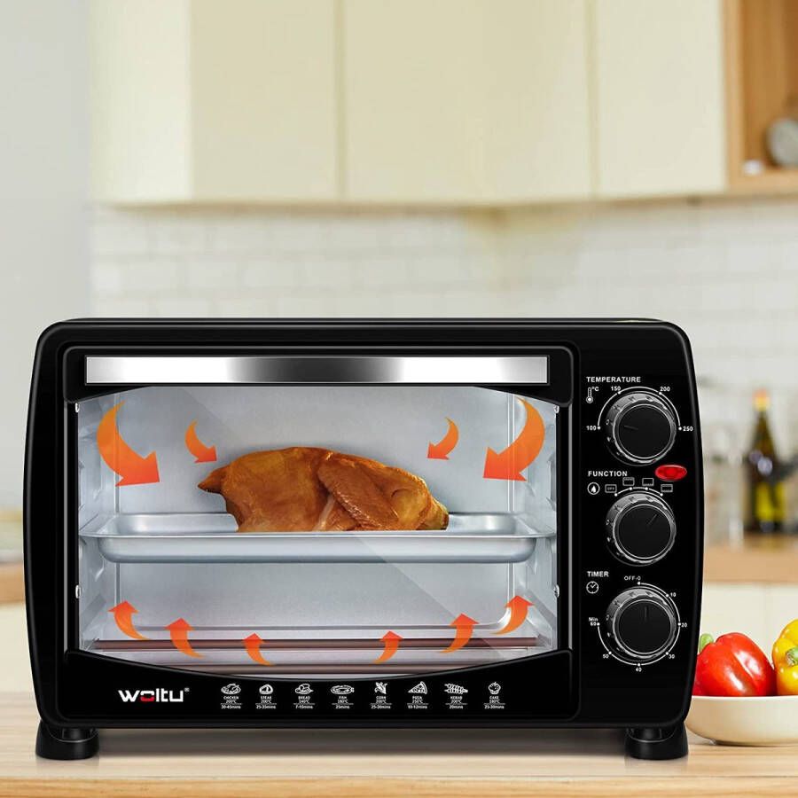 Furnibella Mini-Pizzaoven Dubbele Glazen deur met Bakplaat en Braadpan met Timer 0-250 ° C 1400 W 20 liter Zwart