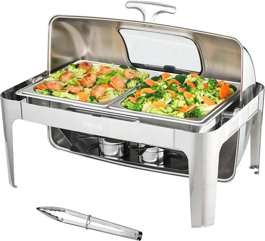 Fytura Buffetstandaard – 9L Roll-Top Chafing Dish Buffet Set – Roestvrijstalen Warmhoudpan met 2 Halve Pannen Glazen Deksel & Brandstofhouder – Rechthoekige Cateringwarmer