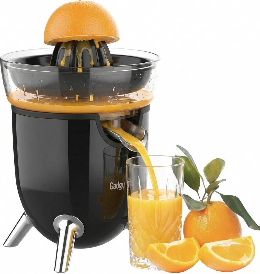 Gadgy Citruspers Elektrisch Sinaasappelpers en Citroenpers met Schenktuit Juicer met 2 perskegels Antidrupsysteem Antislip 100W Zwart Vaatwasserbestendig