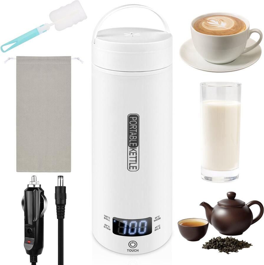 Gaethra Reisewaterkoker elektrisch 500 ml 12 V kleine draagbare reisewaterkoker met temperatuurinstelling mini-waterkoker met binnenbekleding van 316 roestvrij staal voor het bereiden van thee koffie en babyvoeding