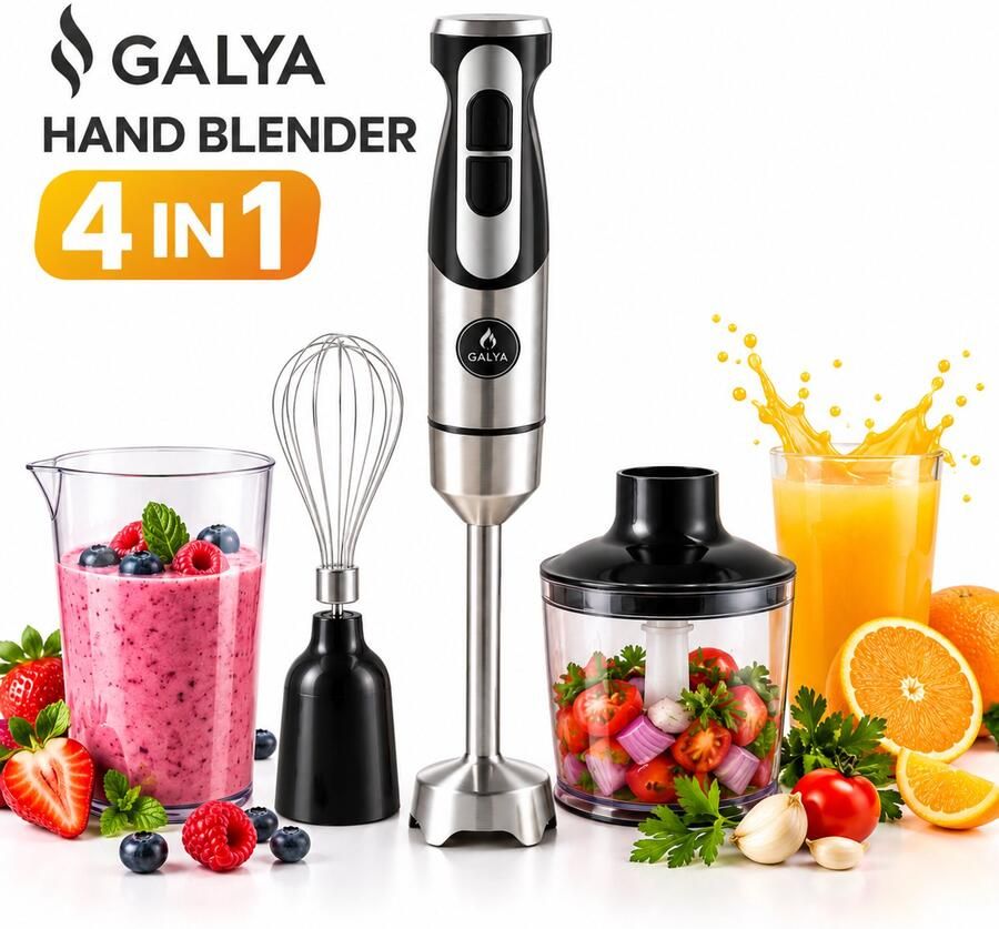 Galya Kookware Galya cookware Staafmixer Set 4-in-1 Handmixer 800 Watt Hakmolen Roestvrij Staal – Handblender met Turbo – Professionele Hakmolens 240V – Staafmixer 1000 watt Staafmixers Staal Zwart